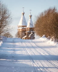 Wooden Barbary Church from the village of Yandomozero. Installed on the site of a church that burned down in 1975. Russia, Karelia