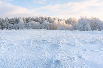 Frosty day in a village on the shore of Lake Onega in the Republic of Karelia