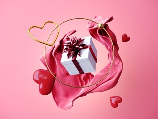 Holiday greeting card for Valentine's Day - 3d, render with copy space on February 14, March 8. 3D render of flying geometric shapes with fabric, pink hearts, symbol of love and candy.