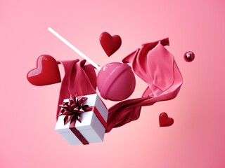 Holiday greeting card for Valentine's Day - 3d, render with copy space on February 14, March 8. 3D render of flying geometric shapes with fabric, pink hearts, symbol of love and candy.