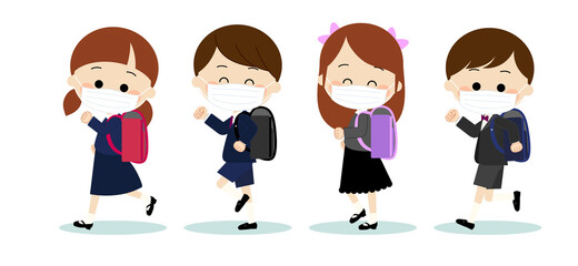 ランドセルを背負ってマスクをして走っている子ども達