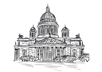 Saint Isaac's Cathedral in St. Petersburg, Russia. Hand drawn sketch illustration.