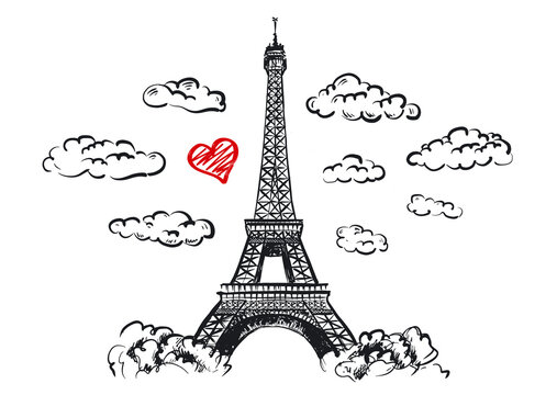 Eiffel Tower, Set of hand drawn French, Paris sketch illustration.