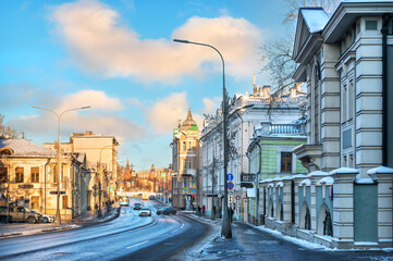 Ancient buildings on Volkhonka street in Moscow. Caption: Kolymazhny lane