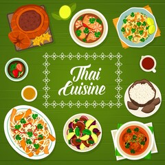 Thai food cuisine menu, Thailand dishes and lunch salads, vector cover. Thailand authentic food and restaurant dinner menu Pad Thai noodles with chicken, lemongrass tea with pastry and Tom Yum soup