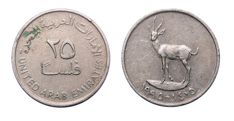 Coin 25 fils on a white background. United Arab Emirates
