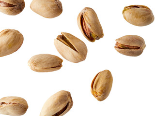 Pistachios isolated on a white background, top view. Flat lay