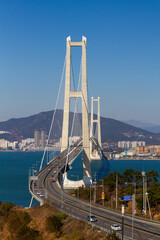Fototapeta premium Aerial view of the Yi Sunsin bridge in Gwangyang. Drone. Korea. 광양 이순신 대교. 