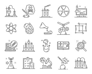 Genetics, medicine and physics, chemistry and biology vector line icons. Medical science laboratory and DNA genetic research technology, microscope and molecules, biotechnology test, lab flasks