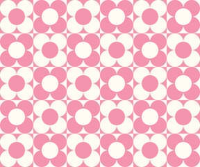 Checkerboard seamless pattern with geometric shaped flowers. Colorful vector background in retro style. Vintage hippie aesthetic, 60s, 70s