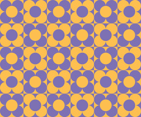Checkerboard seamless pattern with geometric shaped flowers. Colorful vector background in retro style. Vintage hippie aesthetic, 60s, 70s