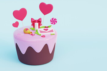 Pink sweet cake for valentine's day february 14 with hearts. 3d render