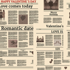 Valentine's day newspaper seamless pattern. Background with title header, unreadable text, retro. Vector illustration vintage