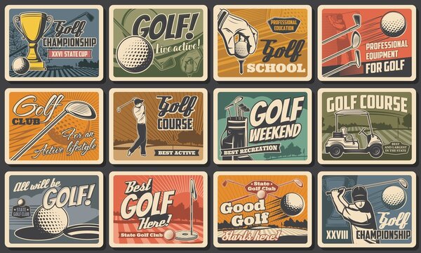 Golf club sport championship, equipment posters, retro vector. Golf club or school course, leisure and recreation tournament, golfer equipment sticks and balls on green course