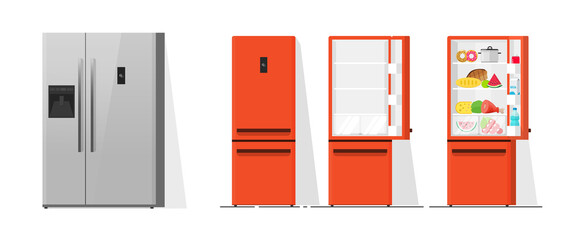 Kitchen fridge stainless side by side vector or metal color refrigerator freezer isolated front with closed and open door with food on white background flat cartoon illustration