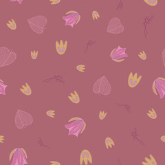 Floral seamless pattern with pink end yellow flowers on red background.