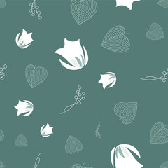 Floral seamless pattern with white Eustoma flowers silhouette on green background.