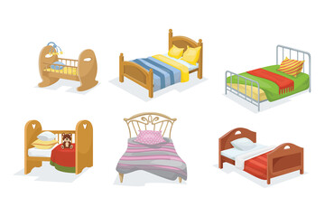 Wooden beds with different headboards cartoon vector illustration set. Collection of furniture for sleep with blankets, colored bed linen and pillows isolated on white background. Interior concept - obrazy, fototapety, plakaty