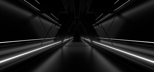 A dark tunnel lit by white neon lights. Reflections on the floor and walls. 3d rendering image.