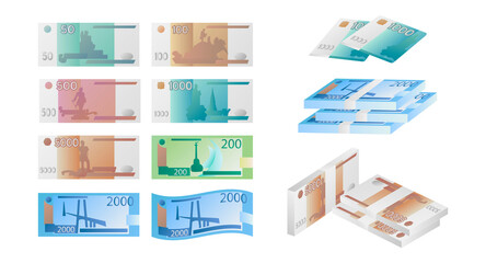 Rubles, cash money of Russia set. Vector illustrations of paper currency and banknotes. Cartoon design of one, two and five thousand Russian rubles isolated on white. Bank, finance, investment concept