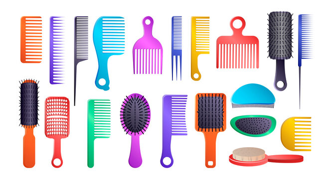 Different hair brushes and accessories set. Vector illustrations of hairbrushes and combs for hair care. Cartoon grooming equipment of hairdresser isolated on white. Barbershop, beauty concept