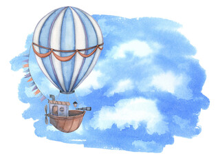 Vintage aerostat flies in white clouds. Blue balloon with multi-colored garlands and flags. Hand-drawn watercolor illustration. Greeting card, invitation, fabulous design.