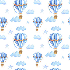 Seamless pattern with vintage balloons and clouds. Hand drawn watercolor illustration. Endless texture for baby design, decoration, greeting cards, posters, invitations, advertisement, textile.