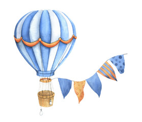 Bright aerostat isolated on white background. Vintage l hot air balloon with colored flags. Watercolor hand drawn illustration. Ideal for romantic design, children's decor.