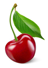 Cherry isolated. One cherry with leaf on white background. Sour cherri on white. With clipping path. Full depth of field.