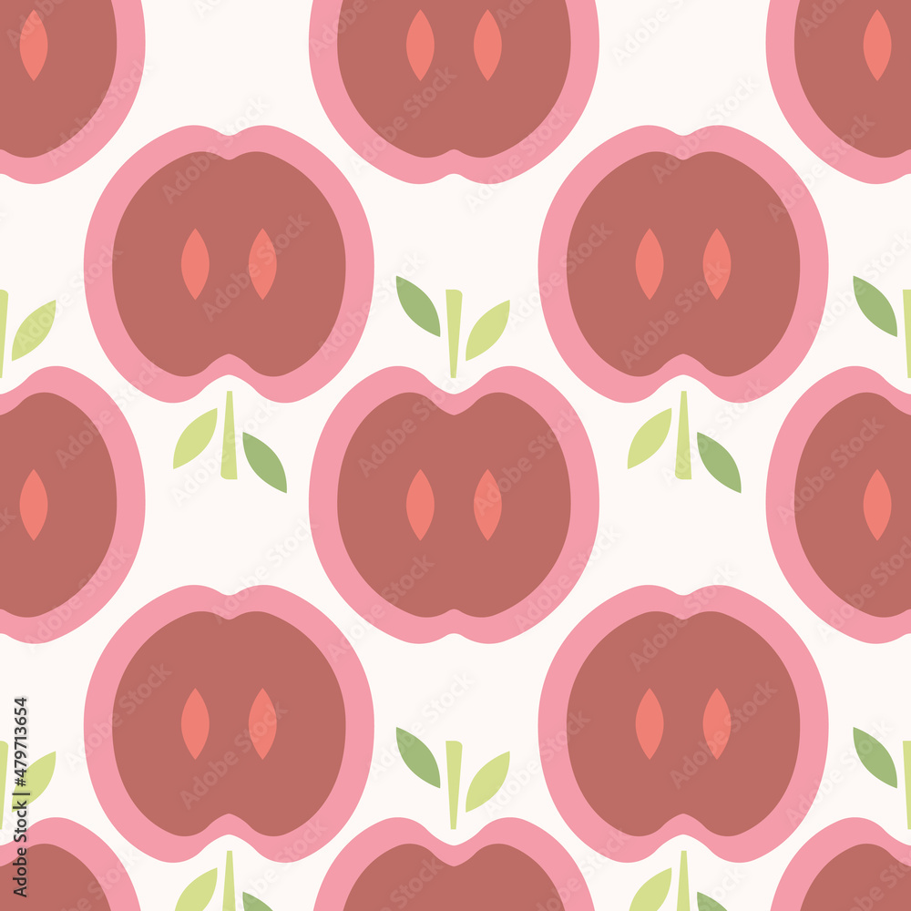 Poster half red apples with green leafs vector seamless repeat pattern print