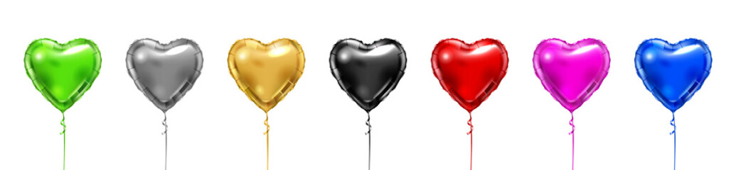 Heart foil balloon in different colors. Golden, silver and red vector heart shape air balloons set. Valentine day or birthday party decoration elements. - 479713626