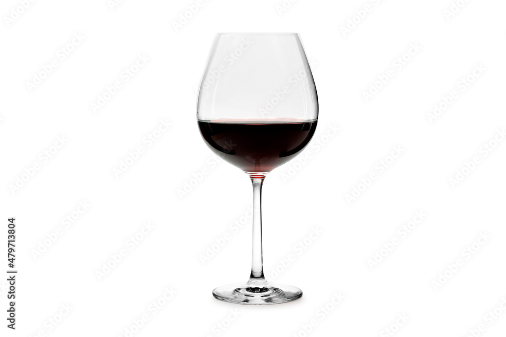 Wall mural Red wine in a glass isolated on white background. Full transparency wine glass.