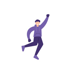 illustration of a boy jumping for joy. happy people. celebrate and enjoy an event, party or festival. wearing a winter jacket. flat cartoon style. vector design