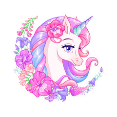 Cute cartoon unicorn surrounded with flowers. Vector illustration.