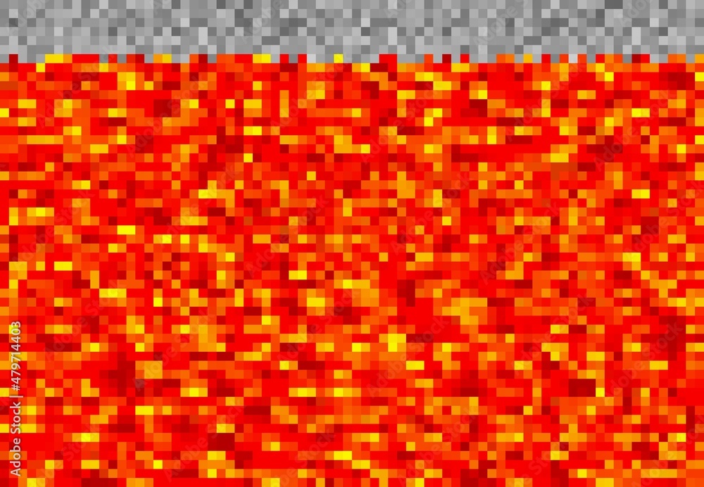 Poster cubic pixel lava, magma cube blocks pattern. pixel game background, vector backdrop with hot volcani