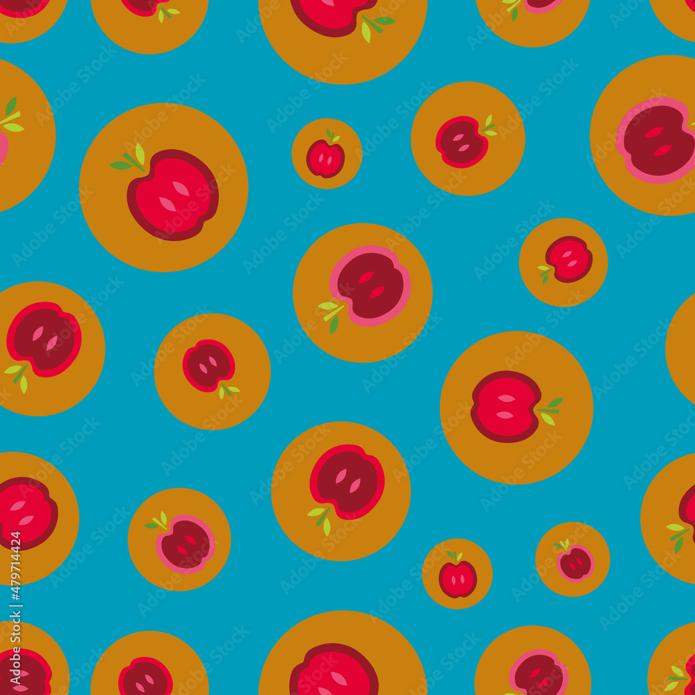 Poster half red apples with green leafs vector seamless repeat pattern print