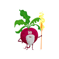 Cartoon beetroot wizard character, vector senior magician vegetable with grey beard and magic staff. Funny smiling sorcerer, healthy veggies fascinator personage. Beet wiz enchanter or conjurer
