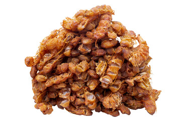 Pile of ripe Peeled seedless tamarind for cooking thai food and herb isolated on white background included clipping path.