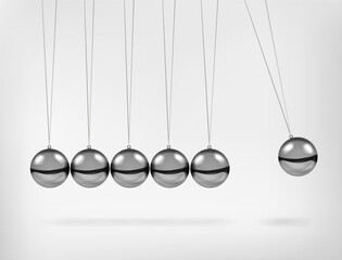 Newton's cradle pendulum with swinging spheres metal balls 3d realistic vector illustration. Hanging balancing balls of newtons cradle science business gadget leadership or communication concept.