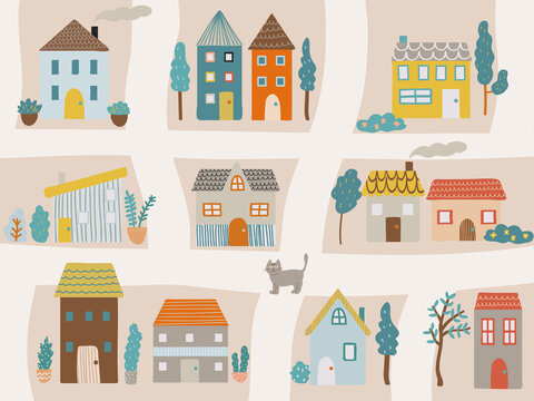 Vector map with houses, roads, trees, flowers and cat.