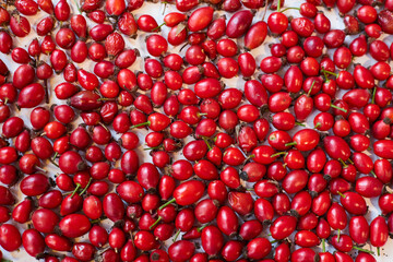 Rose hips spread on a table, seen from above