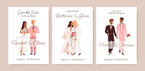 LGBT wedding cards set. Invitation templates for homosexual newlyweds marriage ceremony. Save the Date designs for lesbian and gay couples, same sex love partners. Colored flat vector illustrations