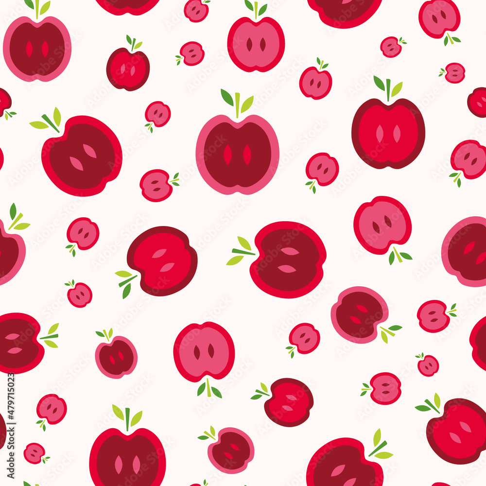 Poster half red apples with green leafs vector seamless repeat pattern print