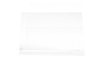 Vertical transparent desk display isolated on white background. Advertising trade stand banner. Mock Up Template. Front view. Table tent menu holder T shaped A4 or A5 format. Plastic ad plate.