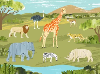  African animals of savanna with landscape. Nature background.Vector set with elephant, leopard, ostrich, gazella, rhino, giraffe, zebra, lion. Collection for touristic, safari, zoo and book © GaliChe