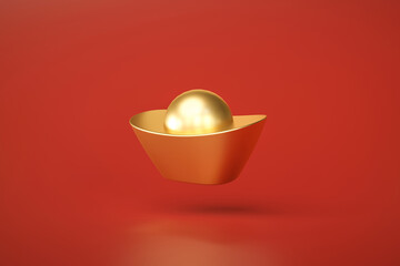 Yuan Bao Chinese gold Luxury rich golden coin or Chinese money traditional on red background 3D rendering