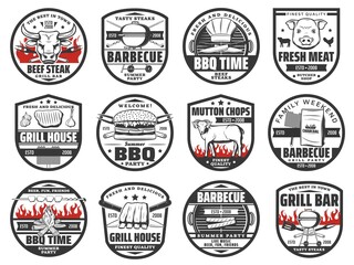 Butcher shop, grill bar and barbecue party icons. Pork, veal and mutton meat chops, ribs and steak, bbq grill, chef toque and charcoal briquettes, knife, fork and skewer vector. Steak house emblem set