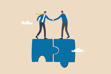 Collaborate, cooperate or partnership and agreement to help business success, together or teamwork support each other concept, success businessmen finish deal and handshake on jigsaw puzzle. - obrazy, fototapety, plakaty