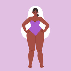 The shape type is pear. Cartoon chubby girl wearing a purple strapless swimsuit. Vector stock illustration of an African American woman with wide shoulders isolated.