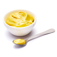 Classic mustard sauce in ceramic bowl isolated on white background